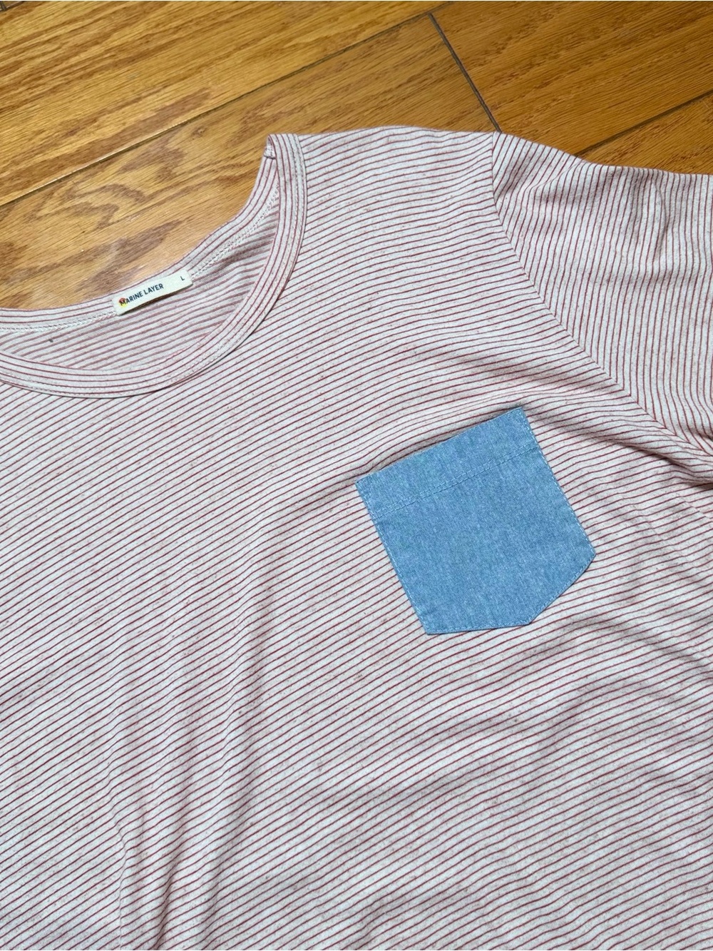 Marine Layer Pink & White Stripe Tee with Blue Pocket